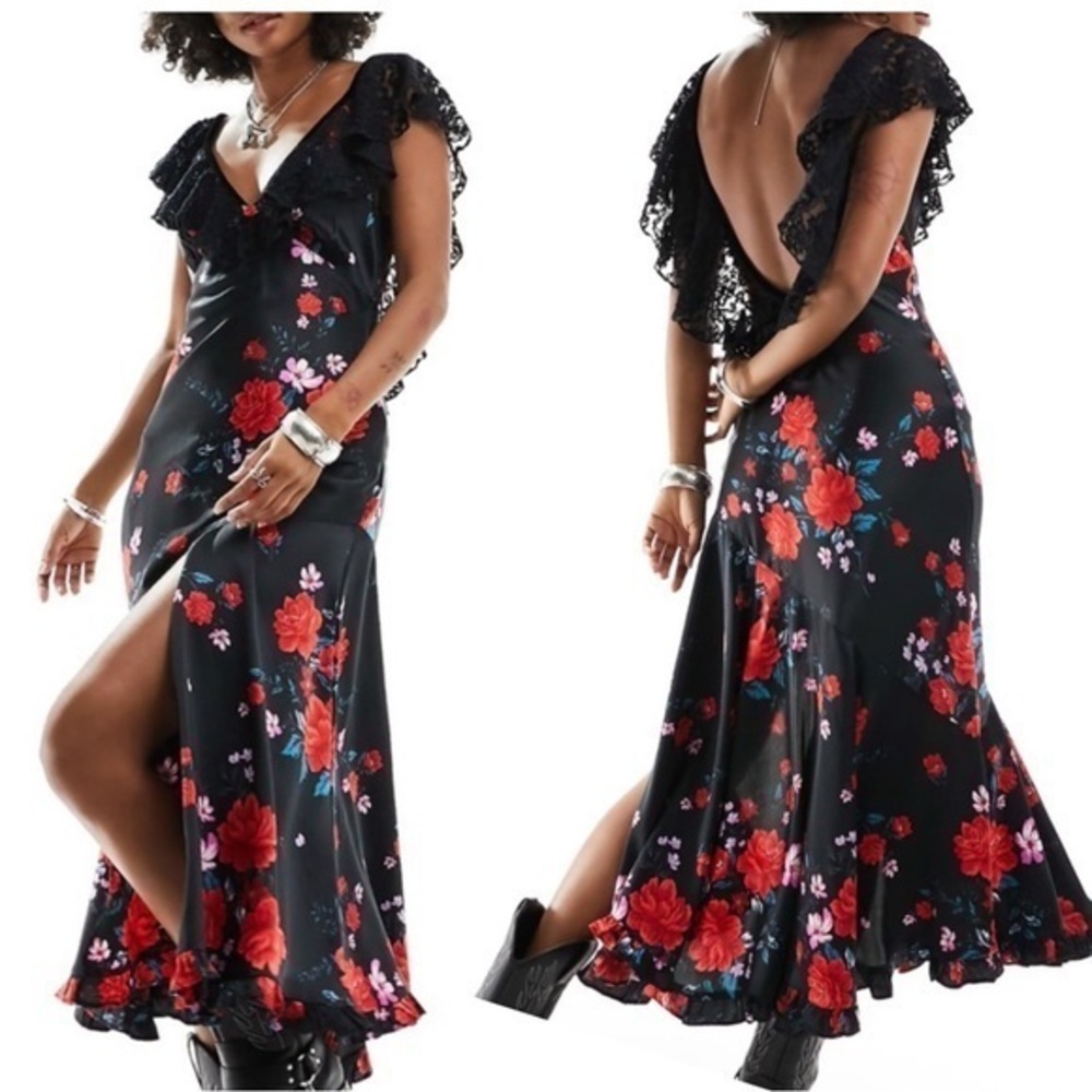 NWOT Free People rose bloom print ruffle edged midi dress in black Large